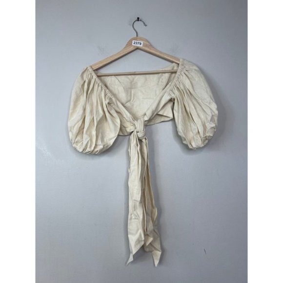 NEW Just Bee Queen Liza Bow Tie Crop Top in Linen Blend Oatmeal Cream - Picture 5 of 8